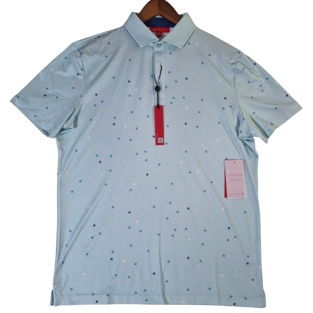 Redvanly Savile Polo Shirt Men Medium Blue Geometric Print Golf Athletic Stretch